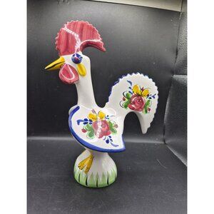 Hand-Painted Portuguese Ceramic Rooster Figurine With Floral Design 10.5" Tall